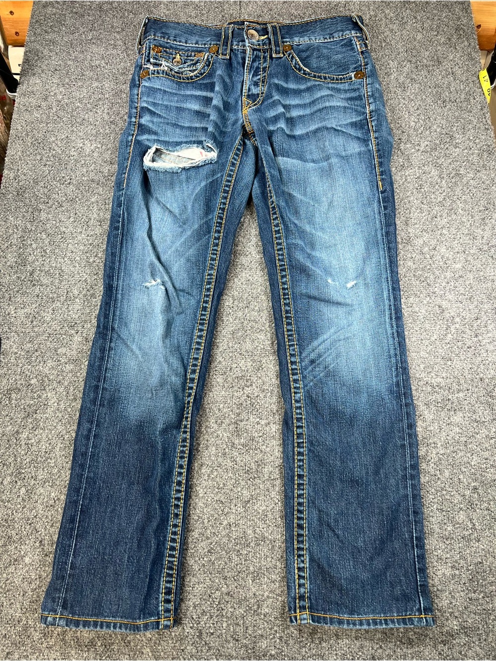 True Religion Dark Blue Denim Jeans with Yellow Contrast Stitching